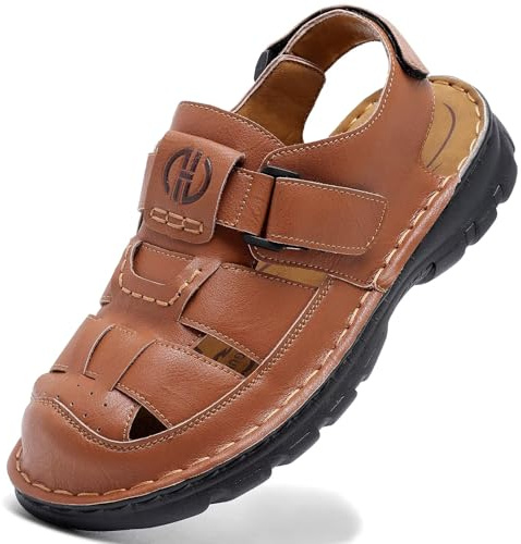 GURGER Sandales en Cuir pour Hommes Été Sport Randonnée Sandales de Marche Bout Fermé Taille 42 Marron Rouge