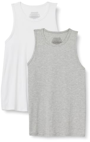 Amazon Essentials Camiseta Interior sin Mangas de Modal Supersuave y Ligera Hombre, Paquete de 2, Blanco/Gris Chiné Moyen, L