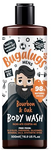 BUGALUGS Mens Shower Gel 500ml, Natural Body Wash for Men for Sensitive Skin packed with essential oils & made with Lake District Water. Now smell better than your Dog (Bourbon & Oak)