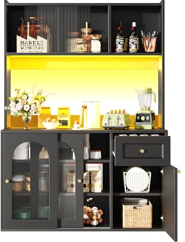 Armadio alto, da cucina, armadietto a buffet con ripiani regolabili, credenza con illuminazione a LED, per cucina, soggiorno (nero)