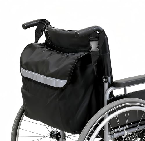 Multifunctional Wheelchair Backpack Storage Bag for Outdoor Use – Large Capacity Accessory Carry Pouch for Wheelchairs, Mobility Scooters, Rollators – Waterproof, Reflective, Adjustable Straps – Black