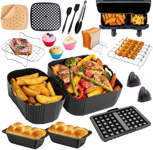 26 Stück Airfryer Zubehör für Philips - Dual Basket 3000/5000 Serie (6L/3L), Airfryer Zubehör enthält Silikonform, Backpapier, Waffeleisen, Grillrost für Philips NA350