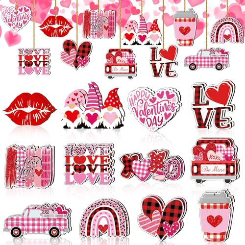 Adornos para San Valentín, 24 Piezas Decoración de San Valentín, Adornos De Madera, Rojo Decoración Colgante para Boda, Fiestas, Cumpleaños