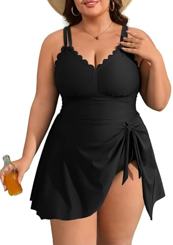 Charmo Women Plus Size Swim Dress with Brief One Piece Swimwear Black 18