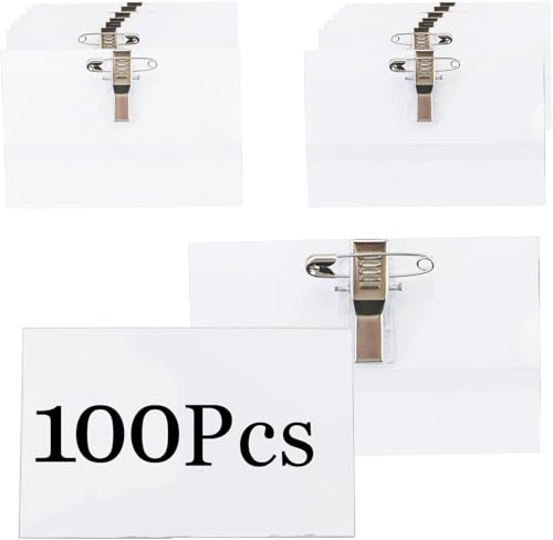 Lot de 100 porte-badges avec épingle en plastique transparent étanche pour bureau, école, conférence (90 x 56 mm)