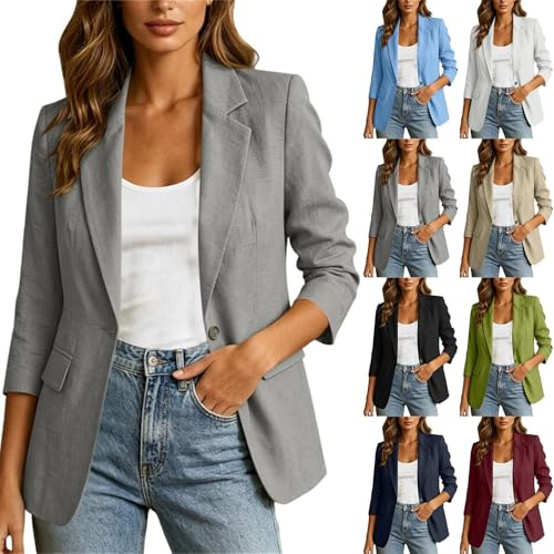 Ladies Summer Blazer - 3/4 Sleeve Collared Neck Button Front Jacket UK Business Casual Suit Coat Outerwear with Pockets Lightweight Work Blazers Smart Blouse Office Autumn Daily Jackets