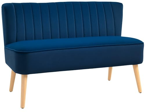 HOMCOM Modern Velvet Double Seat Sofa w/Wood Frame Foam Padding Soft Comfortable Compact Couch Home Office Blue