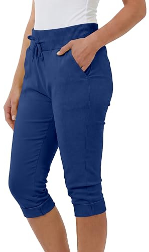 Love My Fashions® Women's Plain 3/4 Italian Magic Shorts Soft & Stretchy Knee Length Capri Cropped Trousers with Elastic Waist Drawstring and Side Pockets Casual Summer Wear Denim Blue