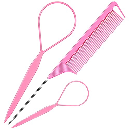 Topsy Tail Hair Tool, MORGLES French Braid Loop Tool with Rat Tail Comb, Pink
