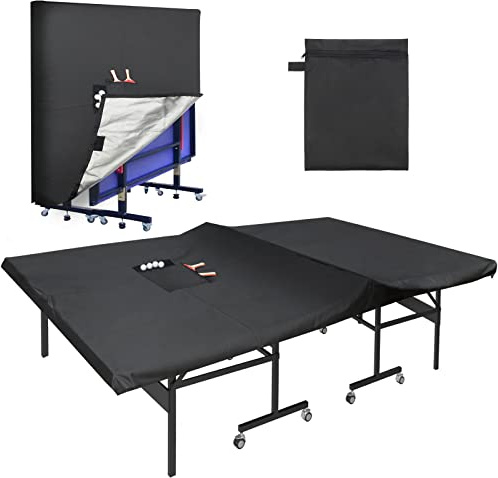 Outdoor Ping Pong Table Cover Waterproof, Luxiv 420D Oxford Cloth Black Tennis Table Cover with 2 Pockets for DeskTennis Balls and Rackets, Dust Covering for Folding & Flat Pingpong Desk