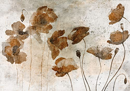 decomonkey Premium Fototapete Blumen 350x256 cm Tapete Fototapeten Vlies Tapeten Vliestapete Wandtapete moderne Wand Wandbild Schlafzimmer Wohnzimmer Mohnblume Abstrakt Vintage Retro Rot Grau