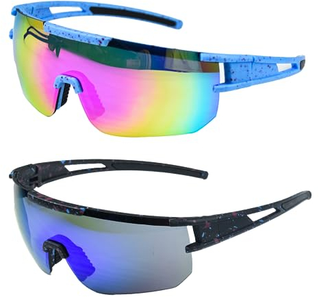 Teaque Sport Fahrradbrille Sonnenbrille, Bunte Fahrrad Brille Anti-UV, Rennrad Brille, Herren Damen Sportbrille UV Schutz für Outdoorsport Radfahren Fahren Laufen Ski Golf Baseball.（2pack）
