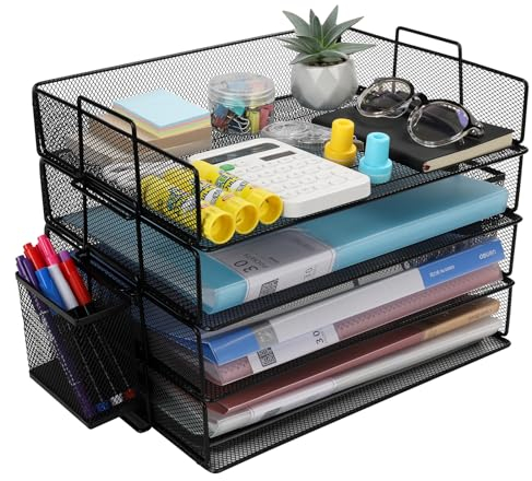 Cinnani Stapelbare Briefablage Mit Stifthalter aus Metall,4Etagen,Dokumentenablagen,A4Ordnern,Briefen,Papier,Metall Schreibtisch Organizer Tablett (Schwarz)