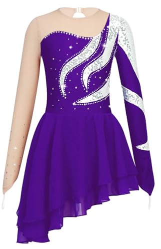 dPois Asymétrique Robe de Patinage Artistique Enfant Fille Paillettes Robe Danse Classique Manches Longues Brillant Strass Justaucorps Gymnastique Gym Ballet 5-16 Ans Violet 9-10 Ans