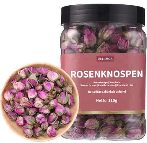 ULTHMOK Premium Torkade Rosknoppar i Burk 110g – 100% Ren och Naturlig Rosente – Torkade Rosblad, Ätbara Rosor för Bakning, Gåvor, Hantverk, Bröllop