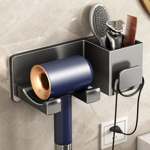 SLTAXAR Föhnhalter Wand Ohne Bohren Föhn Halterung zum Kleben Fönhalter Wandmontage Fönhalterung Bad Fönhalterungen Schwarz Halterung für Haartrockner Glätteisen mit 2 Fächern für Bad Barbershop Hotel