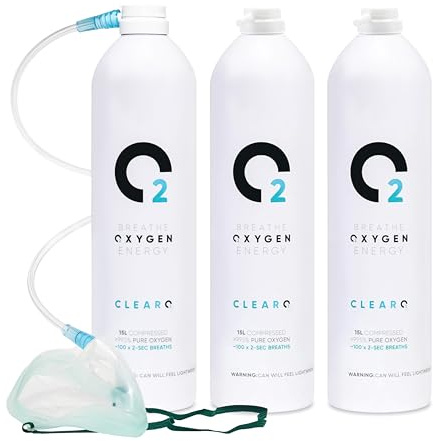 ClearO2 Bomboletta di ossigeno da 15 l con maschera e tubo, ossigeno respiro puro in un contenitore di alluminio leggero, prodotto nel Regno Unito (misto, 15 l (confezione da 1 kit completo + 2