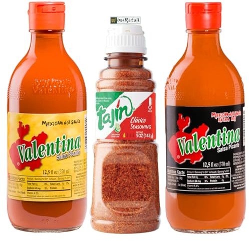 Pack 3 x Auténtica Salsa Valentina (Original 370 ml + Extra Picante 370 ml) + Condimento Tajín Clásico 142 g | Sabor 100% mexicano para snacks, tacos, frutas y micheladas