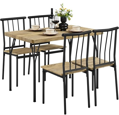 Yaheetech Tavolo da Pranzo con 4 Sedie Industriale Set 5 Pezzi Mobili da Bar Cucina Soggiorno Retro Salvaspazio in Legno e Metallo Marrone Tavolo 110x70x76.5cm Piano Spesso 4cm