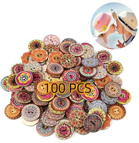 100 StüCk Bunte KnöPfe, Bunt Gemischt Muster Vintage HolzknöPfe, Blume Malerei Geometrishes Muster KinderknöPfe FüR Basteln, NäHen, Handwerk, Malerei, Diy Basteln, Deko