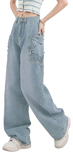 DINGJIUYAN Pantalon en jean à jambe large avec étoiles pour femmes Y2k, taille basse, style grunge, baggy, pour adolescentes, avec grandes poches sur les côtés, pantalon en denim pour streetwear, L