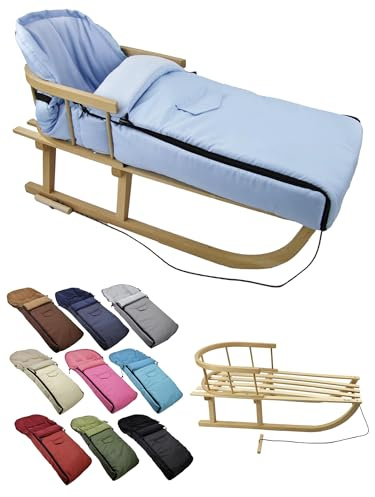 Kombi-erbjudande [träsläde universell vinteråkpåse 108 cm] kälke med ryggstöd och dragrep, fotsäck, lämplig för babystol, barnvagn, buggy med termofleece (ljusblå)