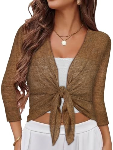 Women Cropped Cardigan Bolero Shrug Sheer Tie Front Tops,Coffee,L