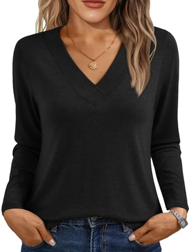 AUTOMET Spring Outfits 2026 Womens Tops Winter Clothing Casual Clothes Ladies Blouses Long Sleeve Shirts T Shirts V Neck Comfortable Shirt Soft Basic Tees Black L