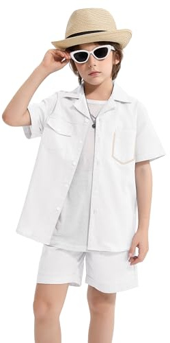 LOLANTA Pojkar linne shorts set, barn kortärmad button-down skjorta och shorts set sommaroutfit, Vitt, 5-6 Years
