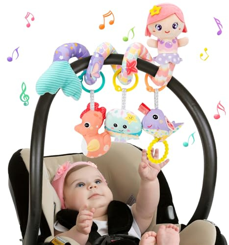 Funsland Giocattolo a Spirale Passeggino Neonato - Giochi Passeggino Neonati Regalo per 0 3 6 Mesi Ragazze, Peluche Giocattolo a Spirale con Musica per Culla Neonato/Seggiolino Auto, Rosa