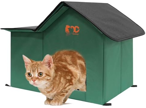 GeerDuo Feral Cat House Outdoor, Waterproof Insulated Cat Shelter with 4 Ground Spikes, No-Tool Assembly All Season Cat Bed for Stray Cats Indoor & Outdoor Use (Rest Shelter,Green)