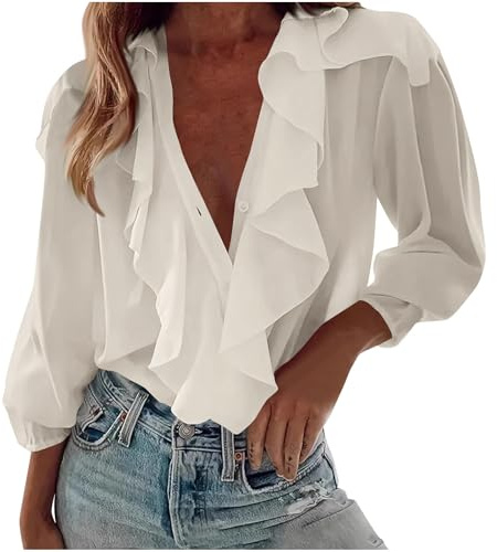 Long Sleeve Chiffon Blouses for Women UK Ruffle V Neck Button Down Shirts Elegant Party Dressy Tops Solid Casual Office Tunic Shirts Puff Sleeve Holiday Vacation