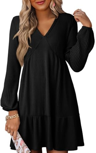 Dokotoo Women's Long Sleeve Dresses Casual V-Neck Dress for Women Fashion Elegant Empire Waist A Line Swing Womens Outfits Ribbed Knitted Elastic Autumn Ladies Pullover Minidress Black M