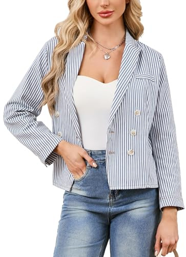Women's Striped Double Breasted Denim Blazer Jacket Notched Lapel Long Sleeve Open Front Suit Jacket