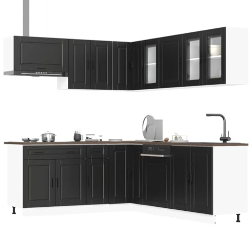 Owoxanthellate Owox Porto Kitchenette 11 pièces Noir 80 × 46 × 81,5 cm avec espace de rangement, meuble d'angle, armoires suspendues, cache lave-vaisselle