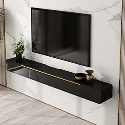 FPIGSHS Solid Wood Floating Tv unit Wall-mounted TV Cabinet Console, Floating Tv stand With 2 Drawer,wall Mounted Media Entertainment Center Wall Tv Unit,Multimedia Storage Shelves (Black, 120CM)