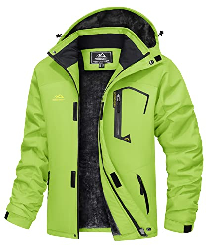 TACVASEN Herren Winter Winddichte Winterjacke Warme Fleece-Futter Ski Übergangsjacke mit Abnehmbarer Kapuze, Neongrün, L