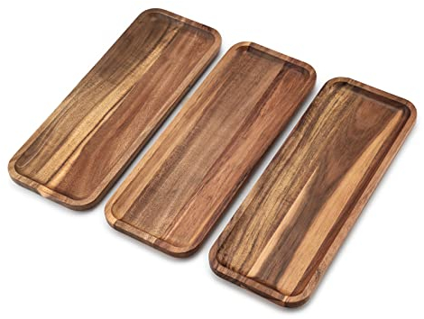 BILL.F Massive Akazienholz Serviertabletts Set von 3 (37 x 14 CM) Rechteckige Hölzerne Serviertabletts für Dessert, Lebensmittel, Gemüse, Obst, Vorspeise Serviertablett, Plätzchen Platte Käse Board