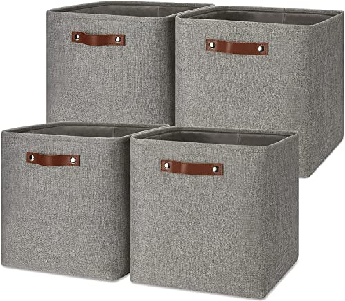 Mangata Collapsible Storage Cube Boxen, 25CM Cube Leinen gewebtes Gewebe Lagerung Körbe mit Leder Griffe 4PCS(Grau)