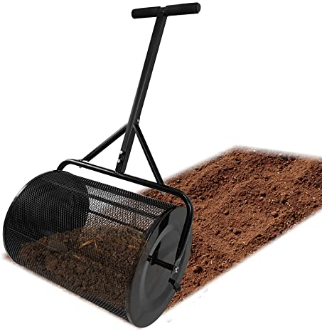 SUBTLETY 80L - Esparcidores de fertilizante y fertilizante compost para césped, tamiz de espuma de turba con esponja, T-manija de metal y cesta de red Ø40 x 65 cm, esparcidor portátil