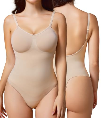 BRABIC Body gainant dos nu pour femmes, body string gainant sans coutures, sans manches, débardeur de compression, beige, Medium