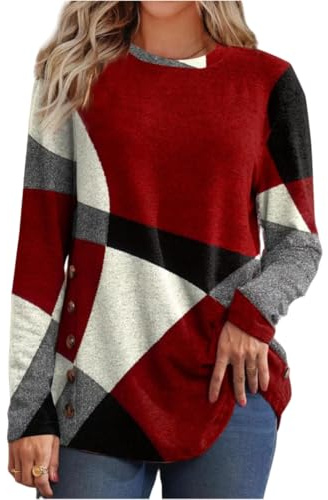 Femme T-Shirt à Manches Longues Chemise à Col Rond Tops Lâche Long Tshirts Pull Femme Chic et Elegant Hauts T-Shirts à Manches Longues Automne Top Col Rond