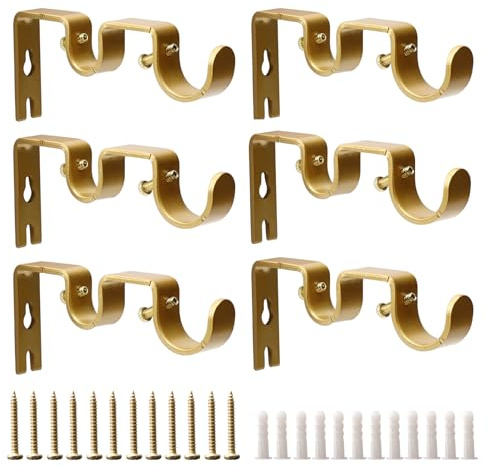 Shonmogar Double Curtain Rod Bracket 6 Pack Metal Curtain Rod Holders for Wall Sturdy Curtain Bracket for 1 Inch Curtain Rod Gold Wall Mounted Curtain Rod Hooks for Bedroom Living Room Patio