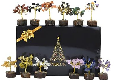 P&R:UK Crystal Tree of Life Set of 12 – Mini Gemstone Bonsai Trees for Desk Decor, Healing Crystals & Stones, Positive Energy Gifts, Good Luck Feng Shui Decor