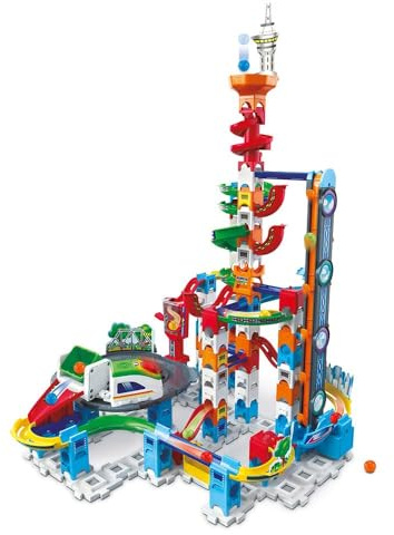 VTech - Marble Rush, Circuit à Billes Électronique Super Sky Tower Set XL300E, Jeu de Construction, 143 Pièces, 10 Billes + Extension Électronique Circuit à Billes Grande Roue Motorisée, 3 Pièces