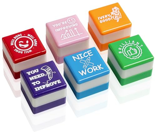 Set de 6 Sellos Cuadrado Motivacionales para Regalo Profesores y Niños, Infantiles, Colores Variados, Seguros y Duraderos, 25mm x 15mm, para Estimulación y Diversión en el Aprendizaje. (6, Inglés)