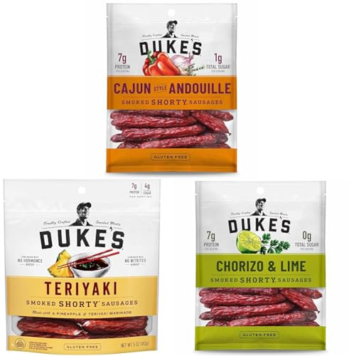 Duke's Pork Smoked Shorty Sausages Variety Pack of Cajun Andouille, Teriyaki, and Chorizo & Lime Flavors (5 oz each bag)