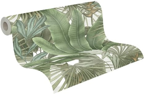 Livingwalls vorgeleimte Vliestapete DESIGNDROP - Tapezieren ohne Kleister - Grün, Weiß -Tapete mit Dschungel Optik Made in Germany - 784511