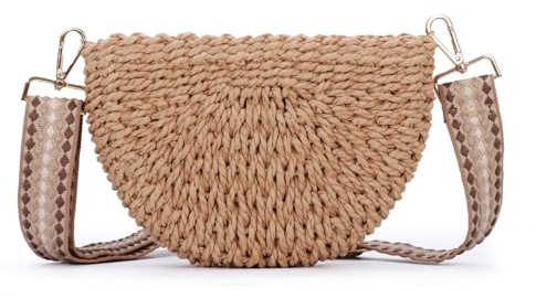 Fecialy Hecho a mano de paja Bolsa de Crossbody para Mujeres Semicírculo Bolso Tejido Verano Playa Bolsa de hombro