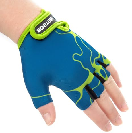meteor Kids Cycling Gloves – Comfortable & Durable Cycling Gloves for children – Short Finger Design – Shock-Absorbing Foam – Adjustable Strap – Colourful & Breathable – For MTB, BMX, Road or Scooter